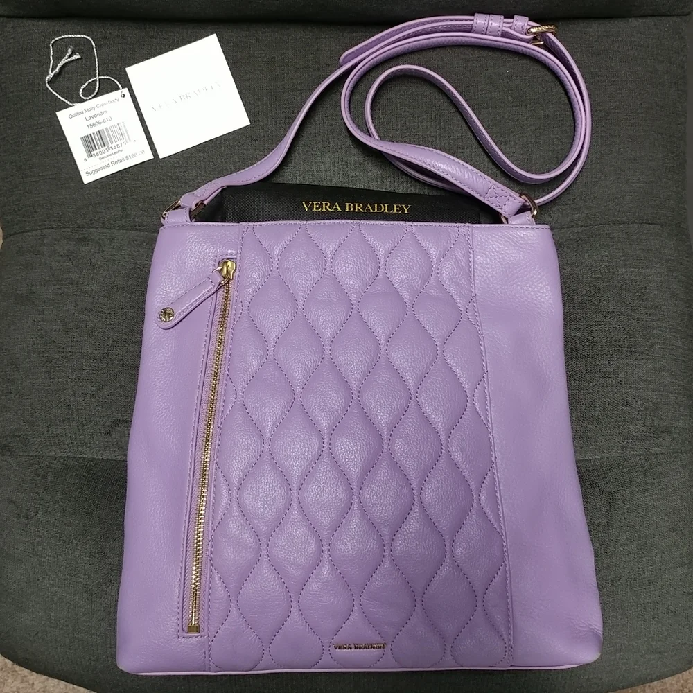 Vera Bradley Genuine Leather Quilted Molly Crossbody Lavender Purple Purse - Picture 7 of 16